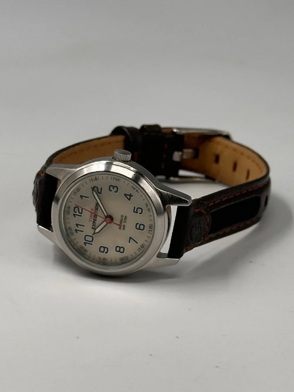 Timex Expedition Field Mini Watch Women Silver Tone Leather Band New Battery